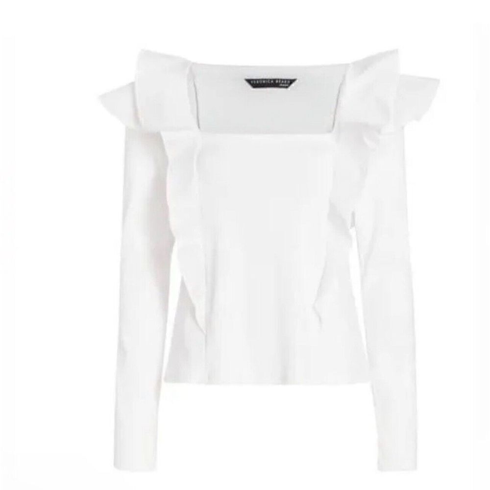 VERONICA BEARD Jeans Gidea White Ribbed Rib Knit Ruffle Cotton Poplin Top M - Picture 2 of 10